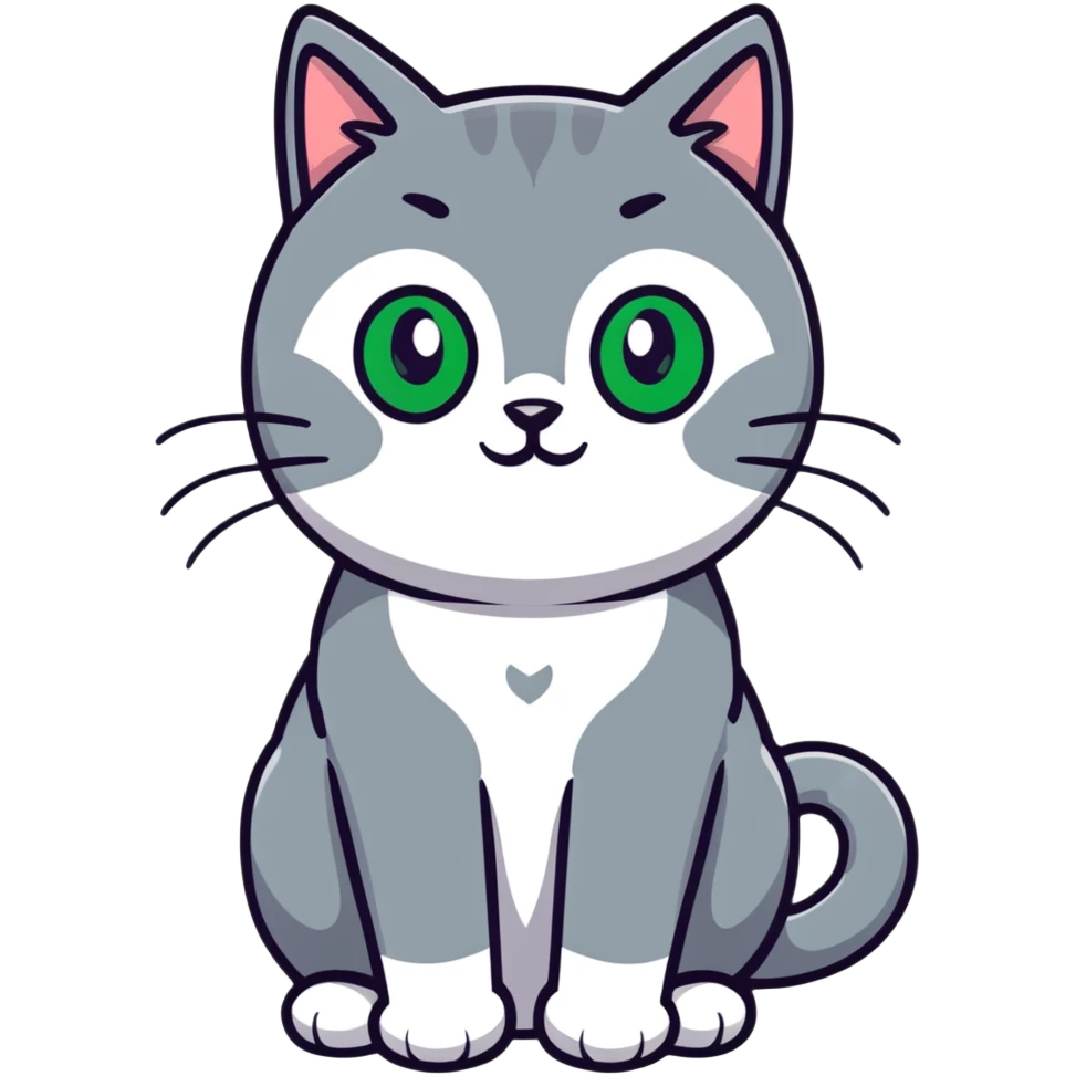 Elegant gray cat with smooth fur, large green eyes, serene expression, sitting facing camera emoji