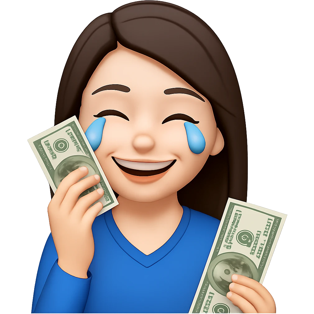 Make the brunette girl smile instead, drying her tears with money bills, holding cash to her face, in emoji style, no background. emoji