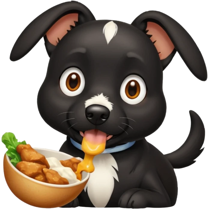 Can you create a black dog with a white stripe chasing it’s own tails and eating chicken emoji
