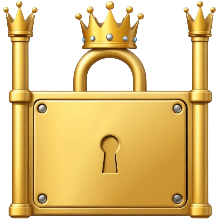 Golden padlock with a crown icon blocking a gate, flat UI illustration premium style. emoji