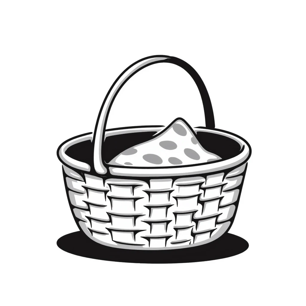 A wicker picnic basket with handle and some picnic items peeking out in pastel colors (dd9fb0, ffc6d3, a3bfc9, c4bee2, f1b091), hand-drawn doodle style emoji