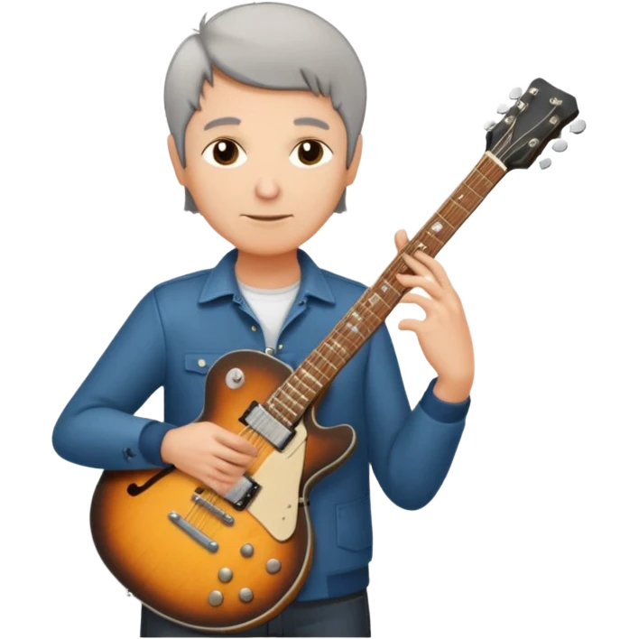 a short grey hair, middle age metal head with a classic epiphone eletric guitar emoji