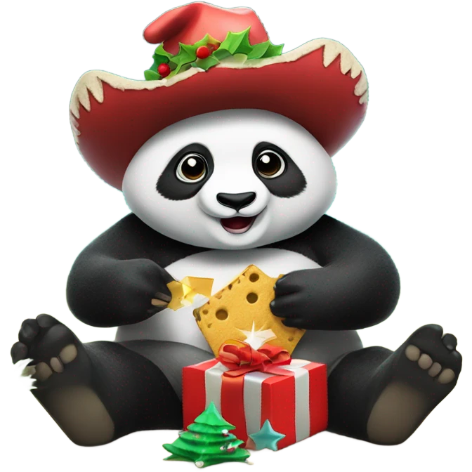 Panda wearing cowboy boots with a Christmas hat on, while sitting in a Christmas tree, holding a cracker, under the sea emoji