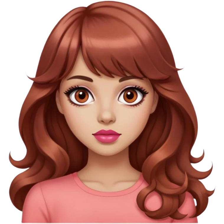 pretty woman, popular mean girl, light tan skin, big black eyes, long wavy reddish brown hair, bangs, pink top, coral lipstick emoji