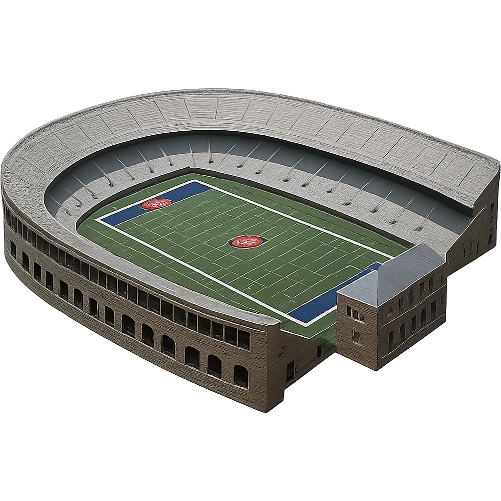 Edit the emoji of Franklin Field at the University of Pennsylvania to have the upper deck mezzanine go all the way around the upper level as it does in real life. Ensure the building in the open side sits independently in the gap of the open stadium and does not connect to the sides. Maintain realistic, lifelike detail, accurate colors, bright lighting, and a transparent background. emoji