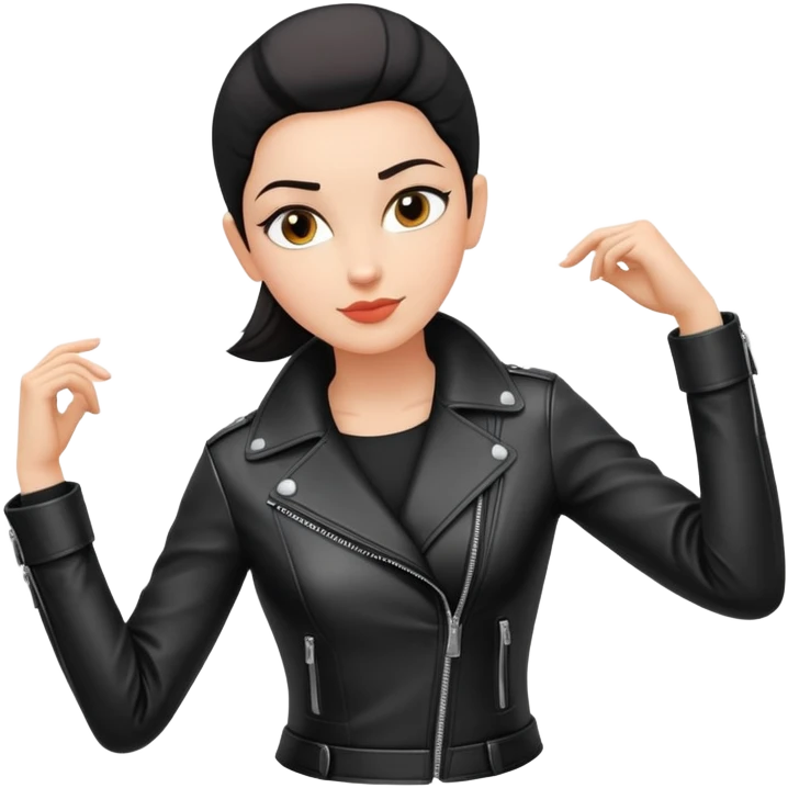 woman with oval-shaped flat-top head wearing a tight-fitting elbow-length black leather jacket emoji