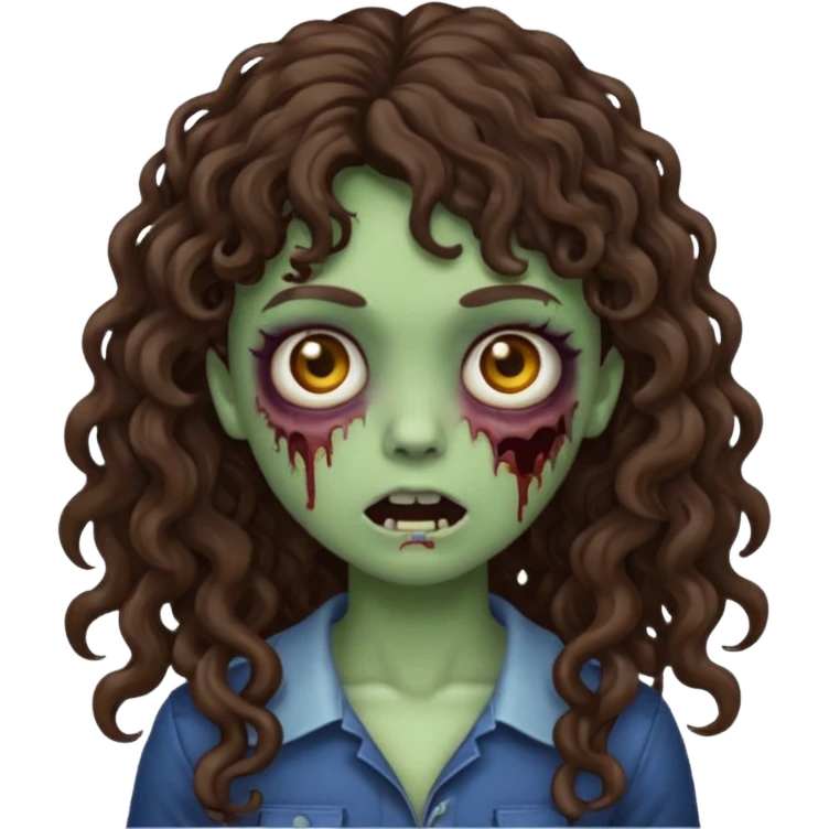 Emoji garota zombie com cabelo castanho escuro cacheado longo com franja cacheada sem volume emoji