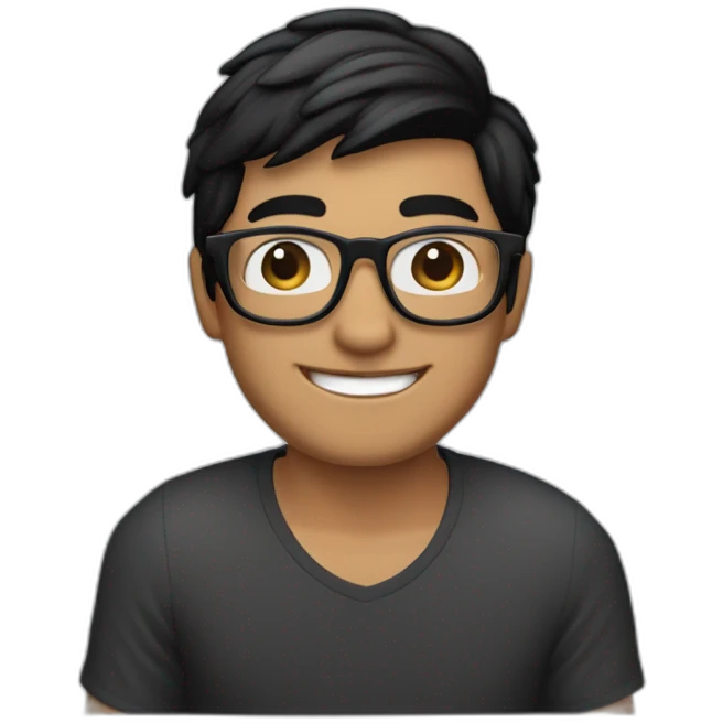 an apple memoji style emoji of a young man in transparent glasses with medium black hair and a smile on his face with a laptop in front of him. Laptop should be visible emoji