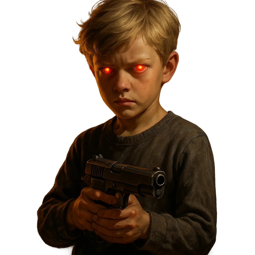 blonde boy with red glowing eyes holding a gun, dramatic lighting emoji