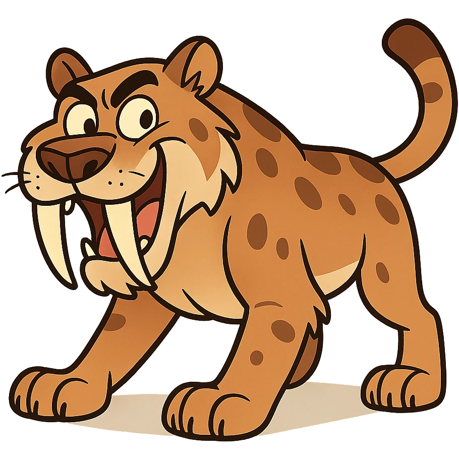 Smilodon sabretooth tiger, stylized cartoon, exaggerated fangs, playful pose emoji
