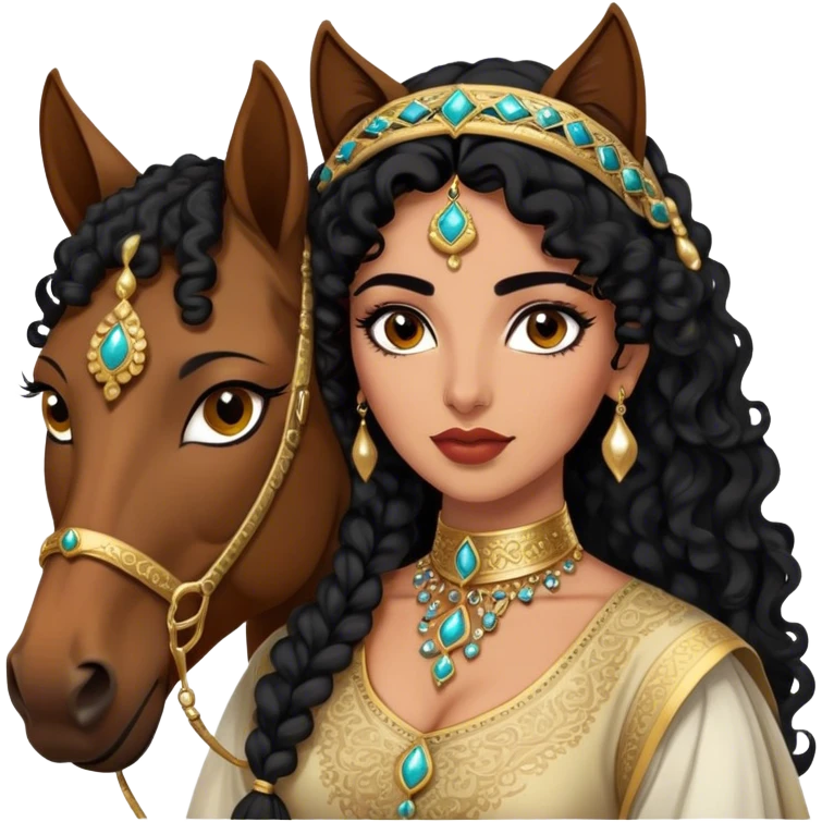 Middle Eastern woman with black curly hair and well defined eyebrows and full lips and black cat eyeliner long lashes  wearing a traditional dress holding into a Arabic horse  emoji