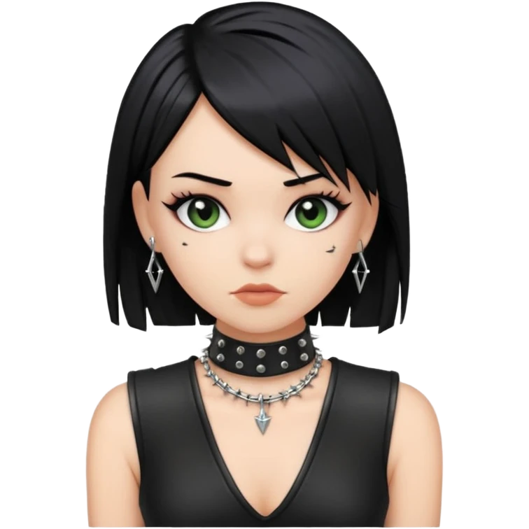 A white girl with Black straight hair with a bob with a black spiked chocker with punk clothes on emoji
