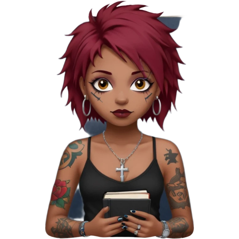 generate an ios genmoji of a girl with dark red messy hair with eyeliner on her eyes.  septum piercing, wearing a cami black top, has tattoos, on shoulders. ear piercings. wearing a cross silver necklace. Holding an overfilled sketchbook. dusky skin color. Holding redbull in the other hand emoji