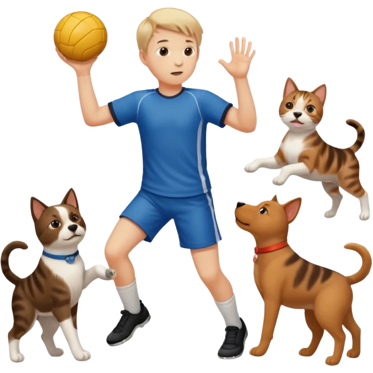 ragazzo basso  che gioca a pallamano circondato da cani e gattu emoji