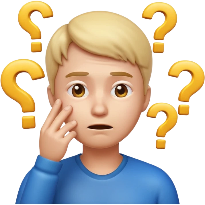 3D glossy emoji of a confused person feeling lost, hand on chin, raised eyebrow, looking up, small question marks around head, faint maze background, soft gradient, centered, transparent background.\ emoji