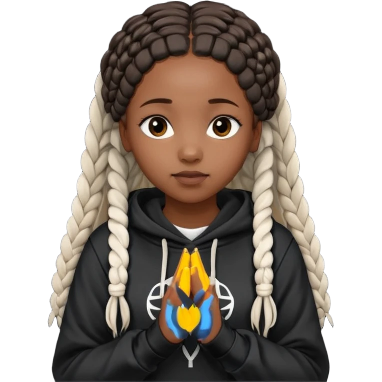 African American girl dark skin with long box braids and plain black hoodie with prayer hands emoji