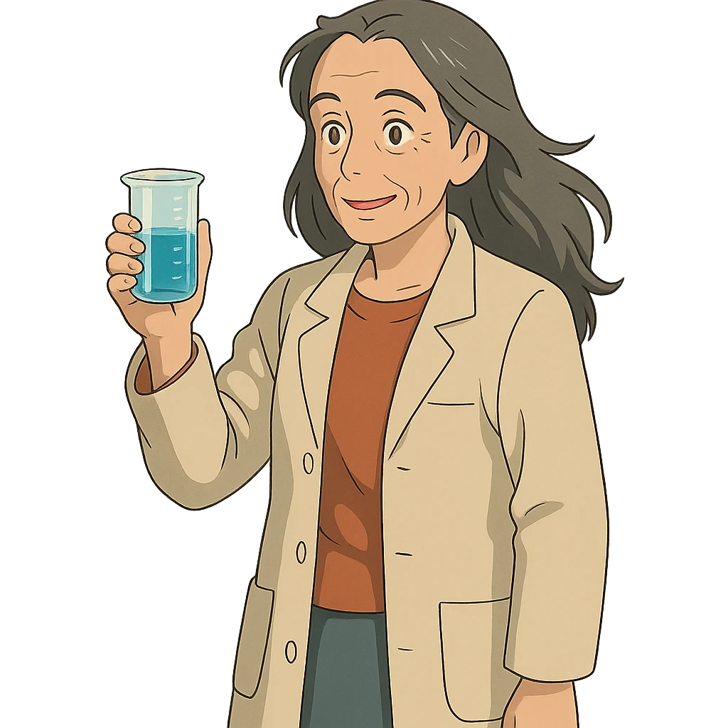 woman science teacher with long graying hair, holding a beaker, in ghibli style emoji