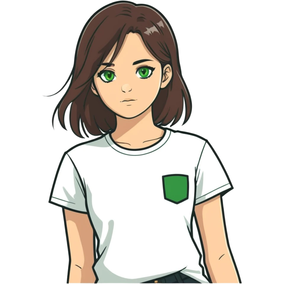 Make an girl with brunette hair green eyes and with an white t-shirt emoji