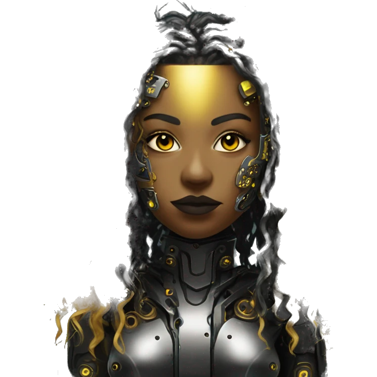 black metal female cyborg head with circuitry and yellow gold curly hair emoji