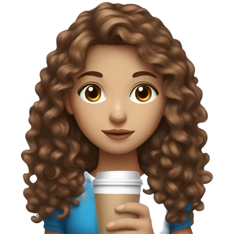 girl with fair skin long brown curly hair and blue eyes drinking a coffee emoji