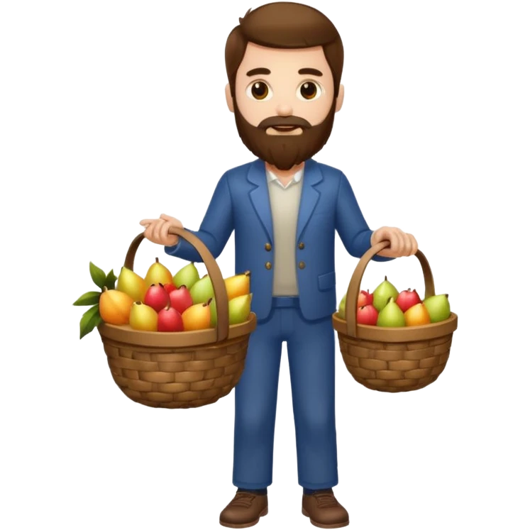 full body man long brown hair brown eyes medium beard white skin holding basket of strange glowing fruits emoji
