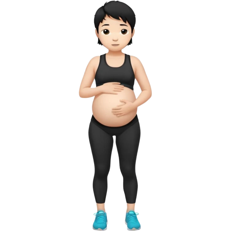 pregnant asian boy with short messy black hair wearing a sports bra with leggings holding his belly emoji