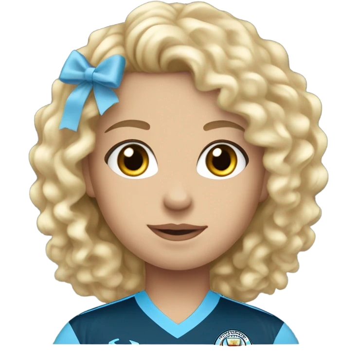 A girl with blonde curly hair blue eyes wearing a Man City top emoji