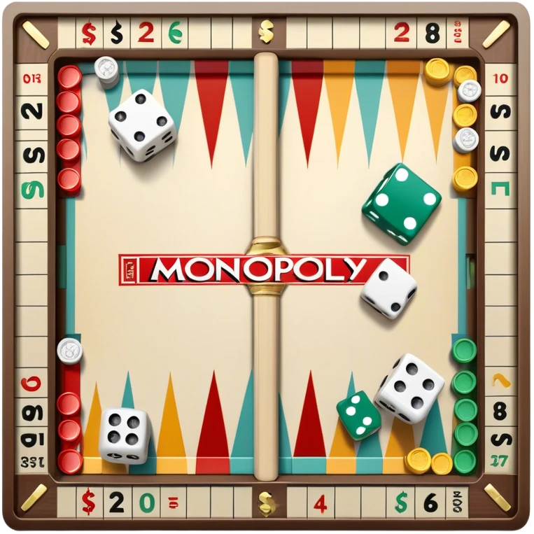 A photorealistic icon featuring a backgammon board with dice, a Monopoly board with money and property cards and a Game of Life spinner. The design captures the detailed textures of the boards, pieces, and accessories. Transparent background. emoji