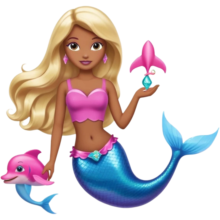 Brown skin blonde hair barbie mermaid with pink dolphin  emoji