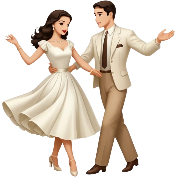 Beautiful woman in 1950’s woman fashion look, white dress, long dark brown hair, balboa couple dance  emoji