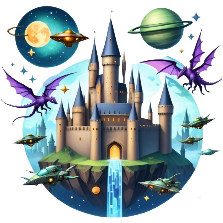 Icon for Fantasy and Sci-Fi Movies: A magical collage with flying dragons. futuristic spaceships and UFOs. Stars and planets shimmer in the background with a mystical castle Hogvards an ancient wizard and robots. The atmosphere is epic, otherworldly and adventurous. Transparent background. emoji