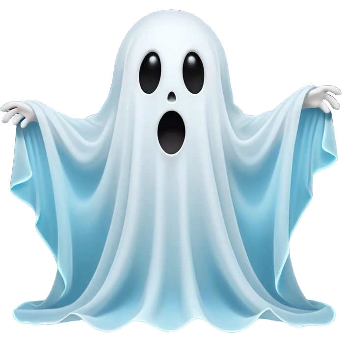 A hilariously exaggerated floating sheet ghost, its simple yet expressive form billowing with animated energy in vibrant whites and pale blues, with two wide, comically shocked eyes and a quirky, startled mouth, simplified yet overflowing with personality, highly detailed with a soft neon-like glowing outline, capturing the playful absurdity of a ghost caught off guard! emoji