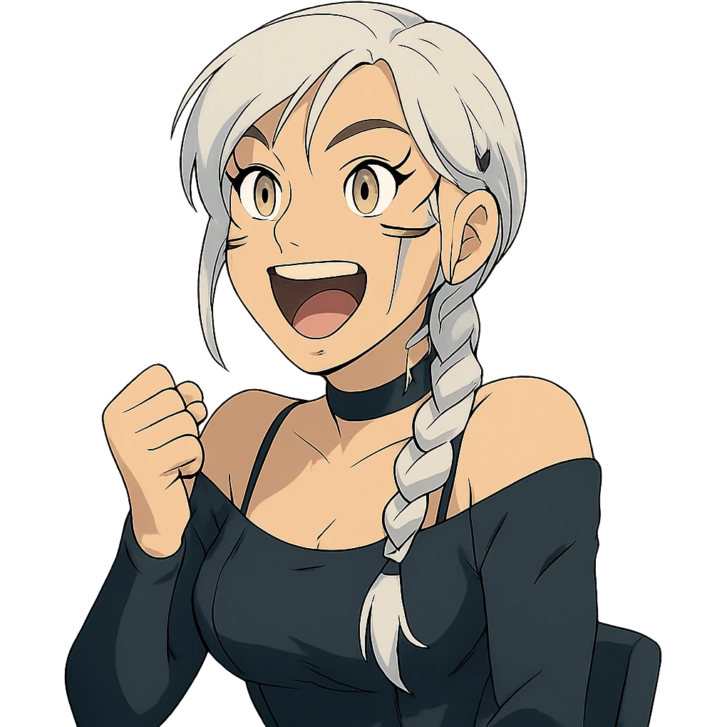 she making a emphatically happy excited facial expression, a closeup portrait of young woman with gold yellow eyes, white hair, long braid, black off-shoulder top d-cup, punk gothic style, futuristic cyberwave cyberpunk, sitting position emoji