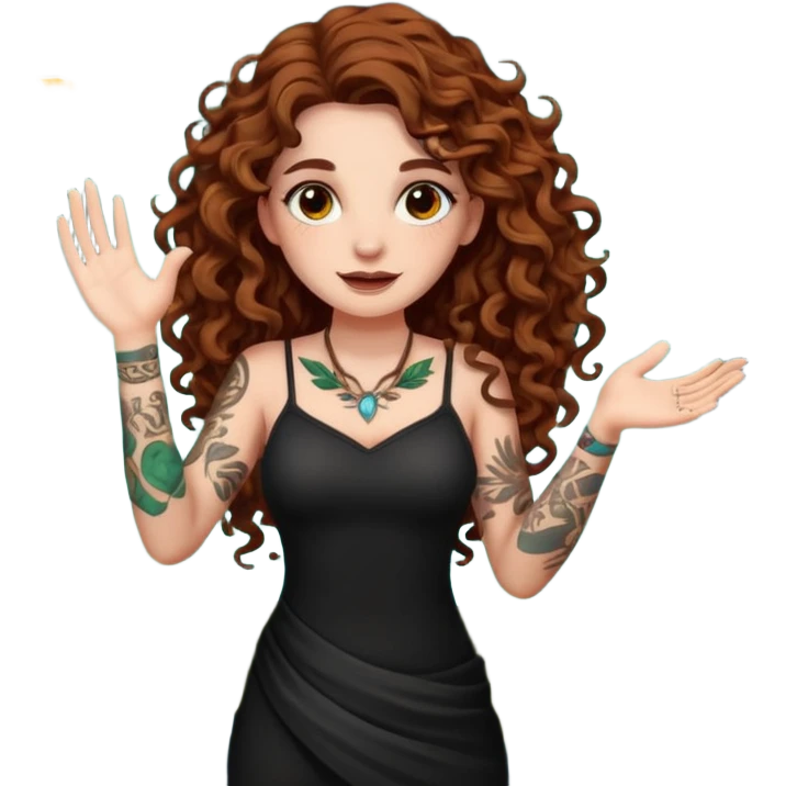 full body view of a woman with long curly brown hair, brown eyes, white skin, tattoos, slow sarcastic clap, glowing leaves falling emoji