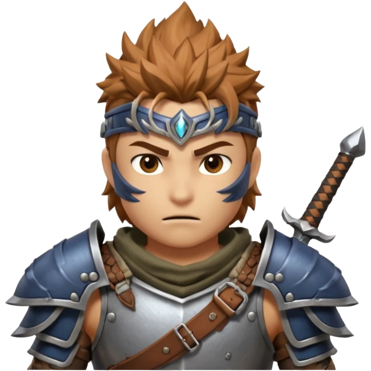 fantastic monster hunter warrior portrait, head and shoulders only, metal shoulder armor, sword strap visible, battle-worn look, intense expression, 3D cartoon, mobile game icon style, clean background, no text, no watermark
 emoji
