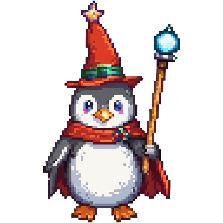 A penguin dressed as a wizard, holding a magic wand, with a pointy hat and a cape emoji