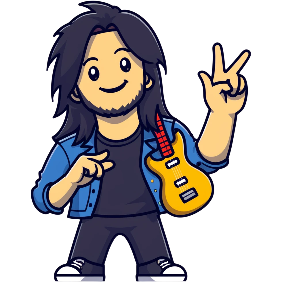 Rockstar musician with long hair, confident smile looking up, rock hand gesture, stage presence, edgy style emoji