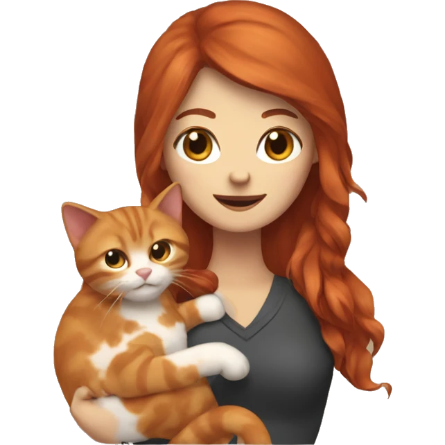 Red haired woman holding 1 brown and orange cat with big tail emoji