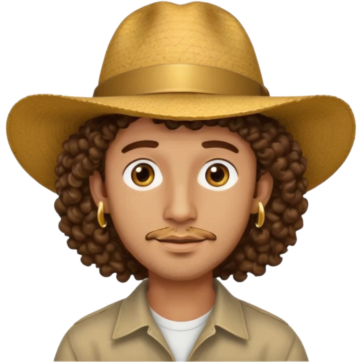 man curly hair and big earrings and and hat wearing emoji