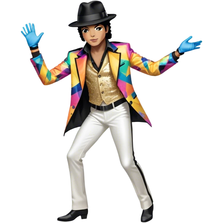 Icon for R&B Music: Michael Jackson in full body, wearing a bright, recognizable costume—sparkling jacket, black fedora, and signature glove. He is in a dynamic, energetic pose, with musical notes and abstract patterns surrounding him. Transparent background. emoji