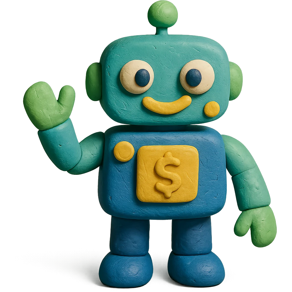 friendly and modern robot mascot for a finance app with subtle money or finance elements emoji