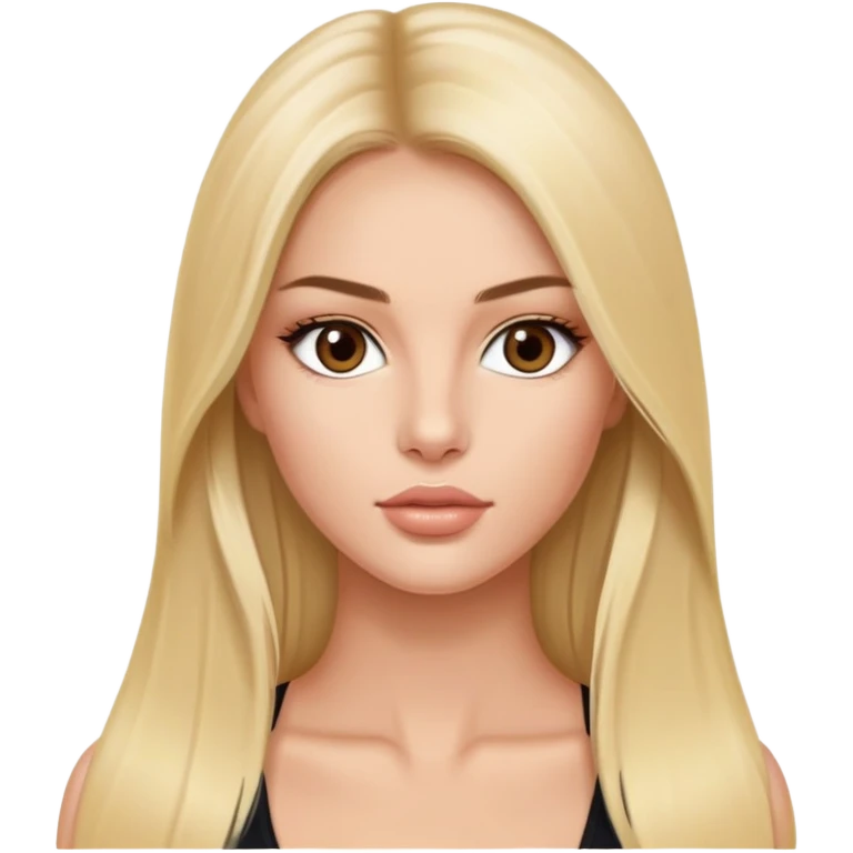 victoria’s secret model with long blonde straight hair, dark brown almond eyes, oval face, small lips emoji