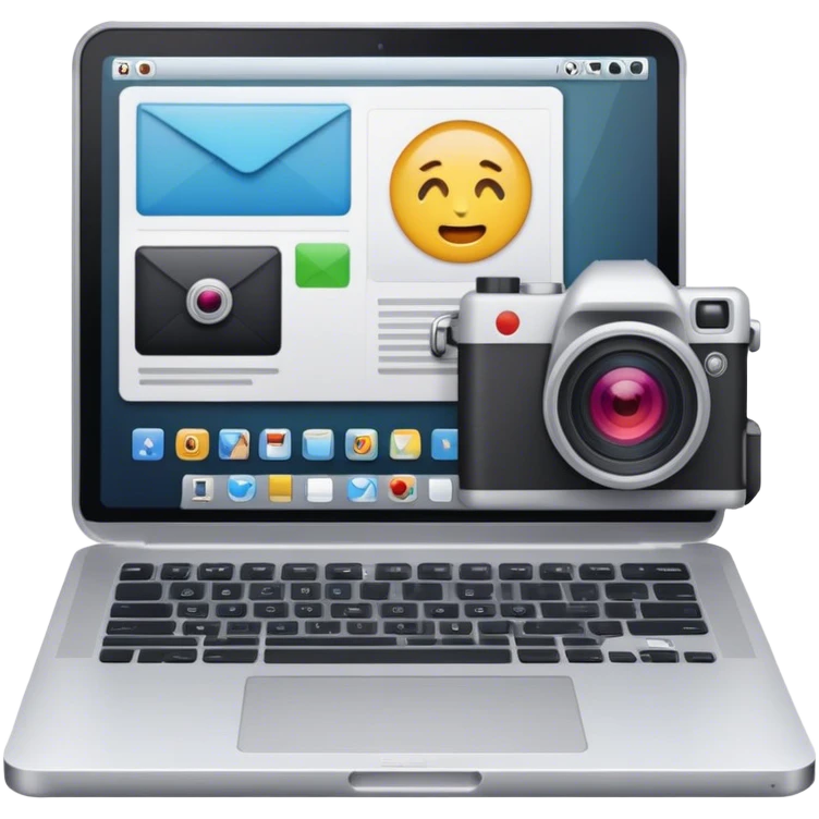 Create an emoji of blogging. The design should feature an open laptop or tablet with a visible blog post on the screen, showing text. Add a photo or video camera to symbolize multimedia content creation. Use modern, professional colors. No smiles. Make the background transparent. emoji