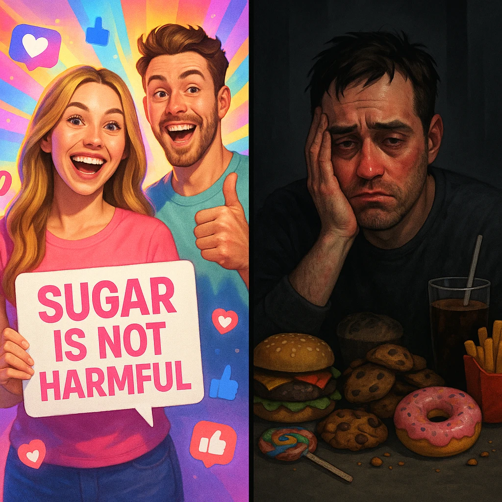 symbolic split scene: left side energetic smiling social influencers saying sugar is not harmful, strong lights and colorful filters; right side person showing signs of inflammation and fatigue, surrounded by sweets and junk food, dark tones and shadows; contrast between appearance and reality; modern style, 4K quality emoji
