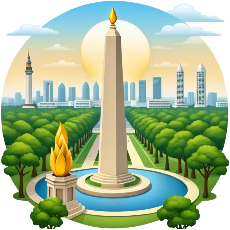 Cinematic Realistic Monas Landmark Emoji, showcasing the National Monument in Jakarta, a towering obelisk with a golden flame, set within a lush park under a clear, radiant sky. emoji