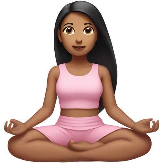 A light brown skinned girl, with long straight black hair, meditating in baby pink clothes emoji
