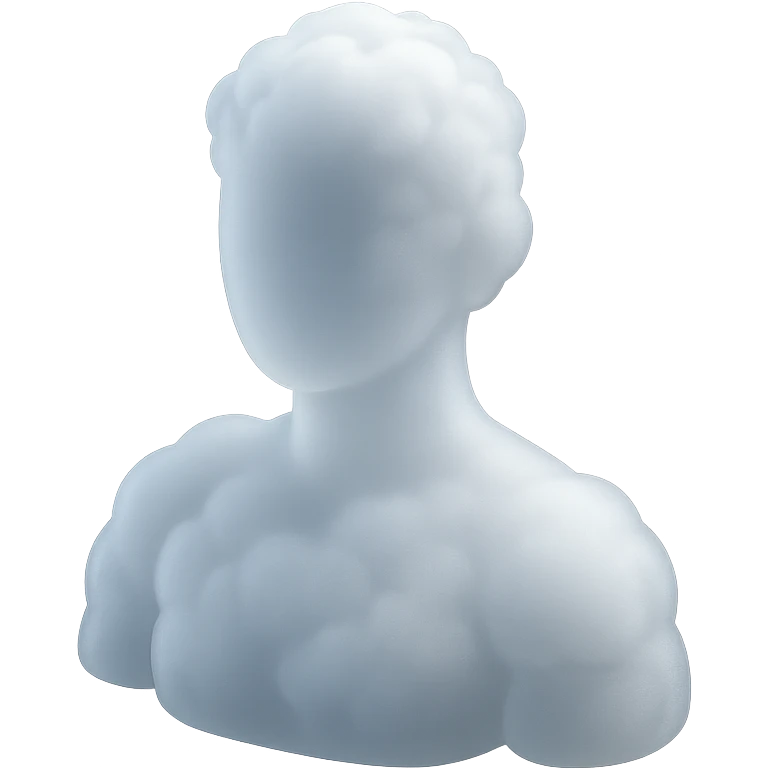 person made of white fluffy clouds, shoulder view, looking straight, matte glass style emoji