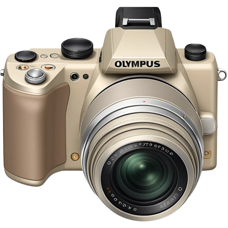 Extremely minimal Olympus Superzoom 70G camera from front view, grayish-beige color, simplified to basic geometric shapes, just hint of lens and minimal details emoji