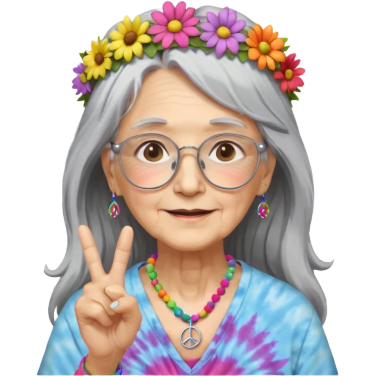 elderly woman with long grey hair, glasses, peace sign necklace, tie-dye clothing, flower crown emoji