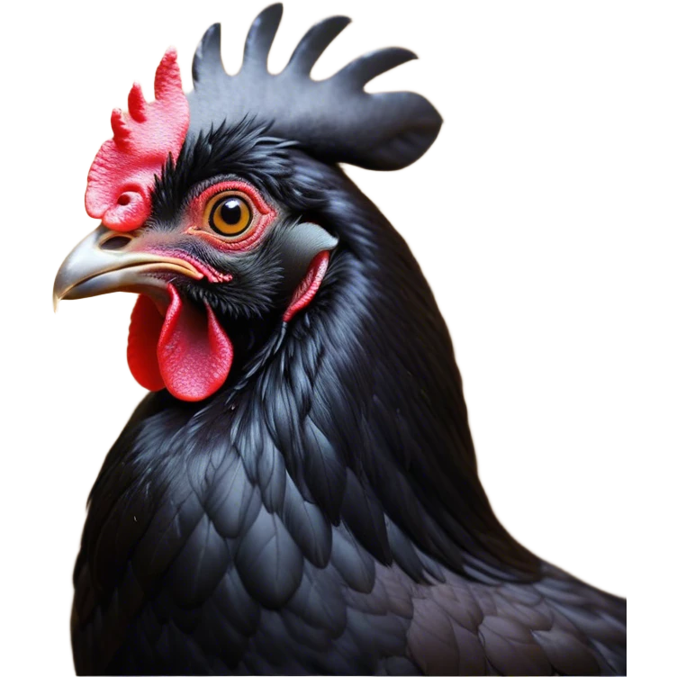 Cinematic Noble Black Chicken Portrait Emoji, Poised and regal, with a compact, sturdy build and a glossy, well-groomed pure black plumage, deep-set soulful beady eyes, Simplified yet sharp and sophisticated features, highly detailed, glowing with a soft, dignified glow, high shine, intelligent and alert, stylized with an air of mysterious elegance, focused and attentive, soft glowing outline, capturing the essence of a watchful and confident fowl, so majestic it feels as though it could strut out of the screen with effortless authority! emoji